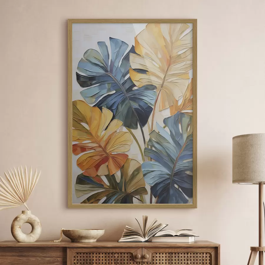 carta da parati Dipinto che riproduce foglie tropicali dai colori vivaci nr. f49600