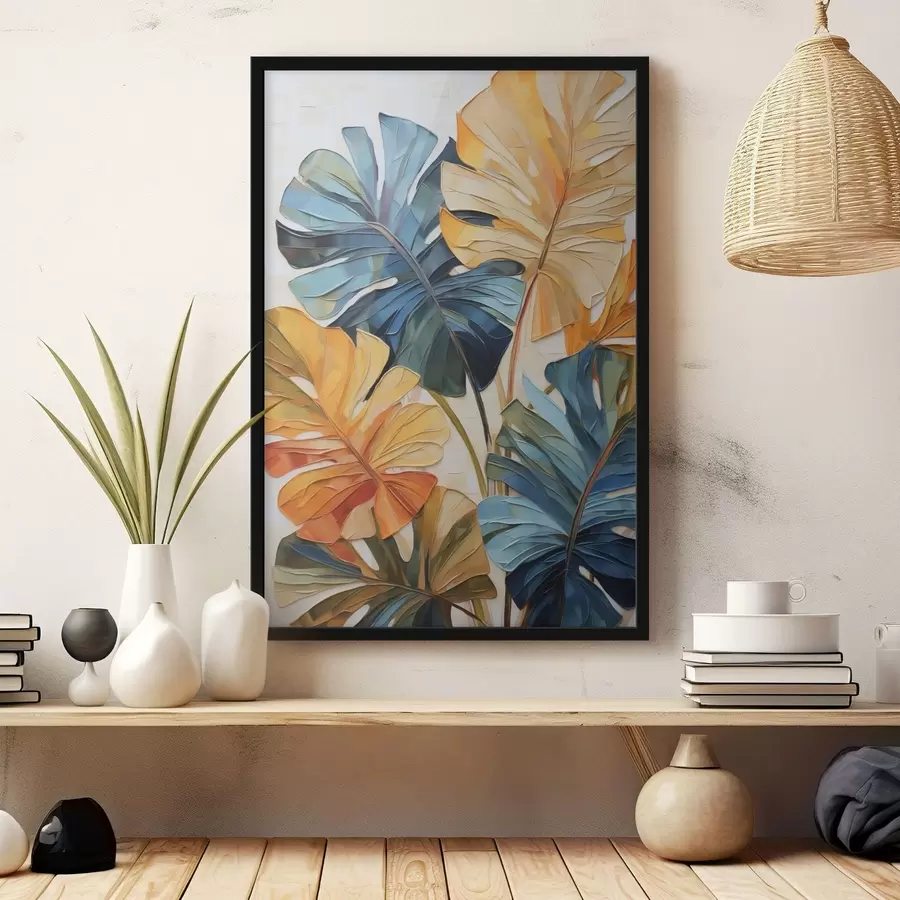 carta da parati Dipinto che riproduce foglie tropicali dai colori vivaci nr. f49600