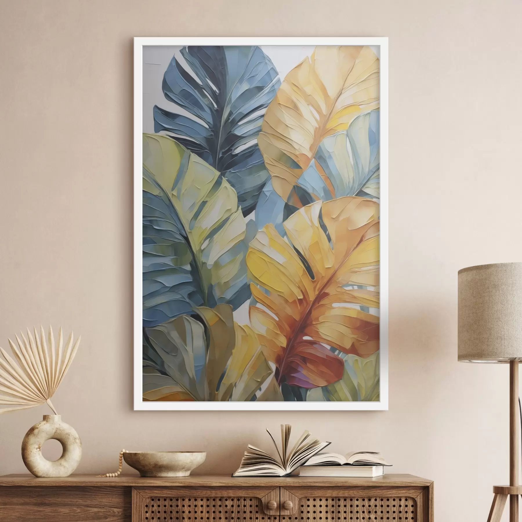 carta da parati Dipinto che riproduce foglie tropicali dai colori vivaci nr. f49601