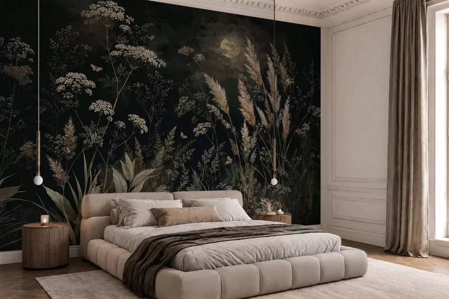 carta da parati Prato illuminato dalla luna, con erbe selvatiche e fiori nr. w05701