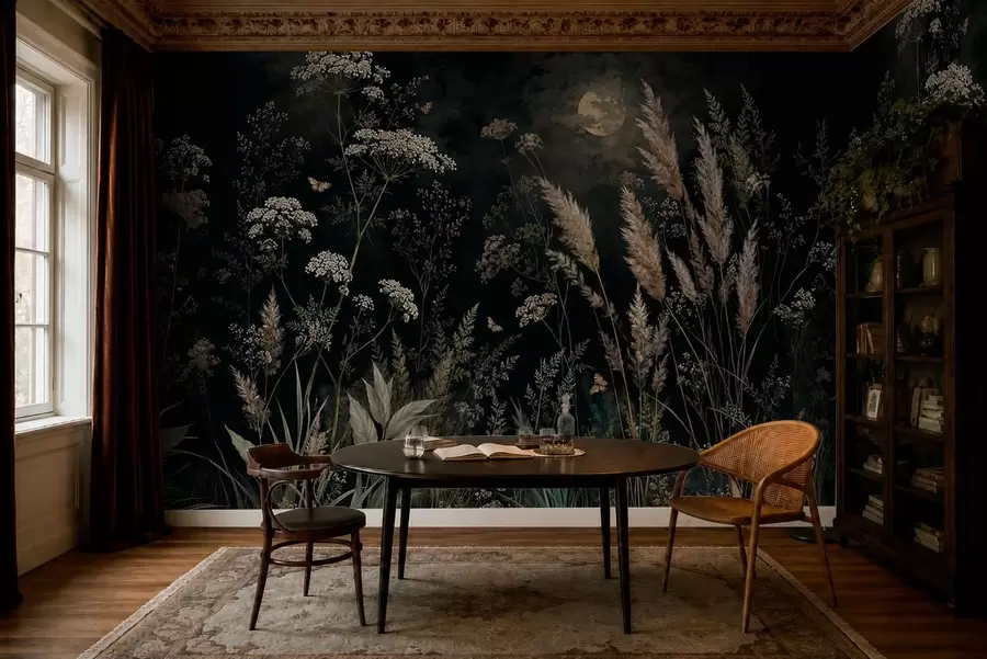 carta da parati Prato illuminato dalla luna, con erbe selvatiche e fiori nr. w05701