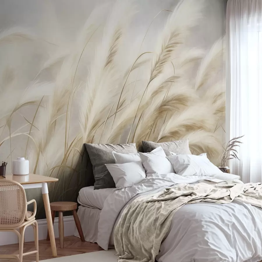Carta da parati nature Alta erba della pampa che ondeggia dolcemente al vento su uno sfondo tenue e smorzato, opera d'arte ricca di texture 