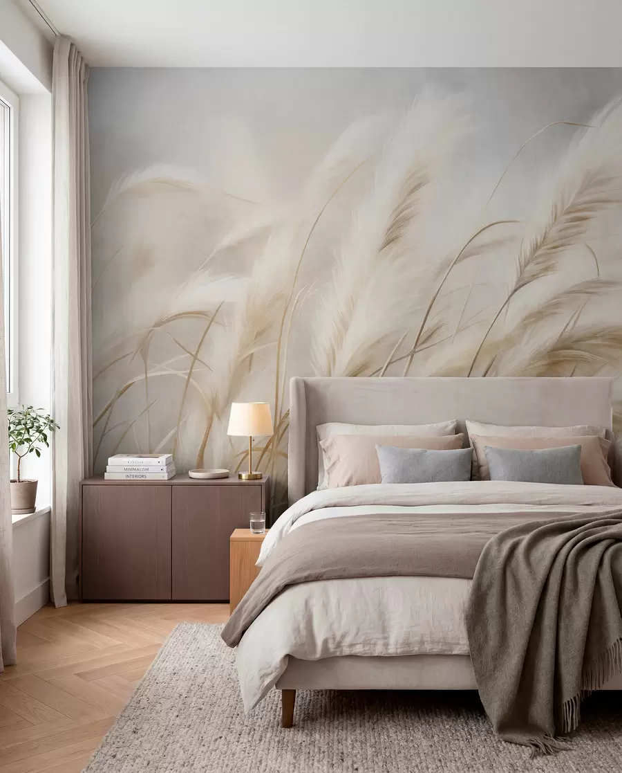 Carta da parati nature Alta erba della pampa che ondeggia dolcemente al vento su uno sfondo tenue e smorzato, opera d'arte ricca di texture 