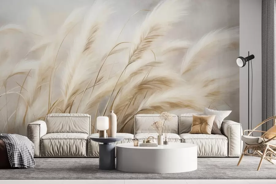 Carta da parati nature Alta erba della pampa che ondeggia dolcemente al vento su uno sfondo tenue e smorzato, opera d'arte ricca di texture 