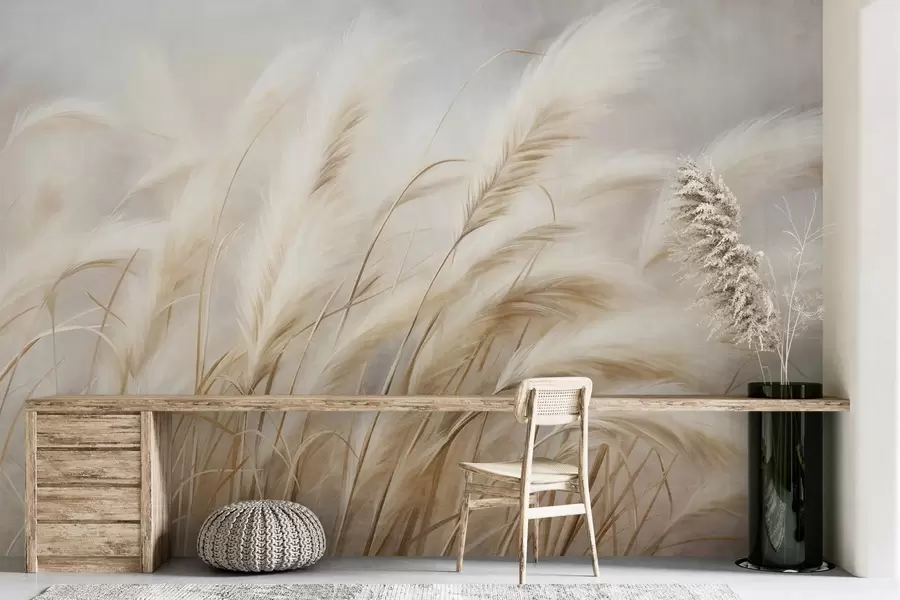 Carta da parati nature Alta erba della pampa che ondeggia dolcemente al vento su uno sfondo tenue e smorzato, opera d'arte ricca di texture 
