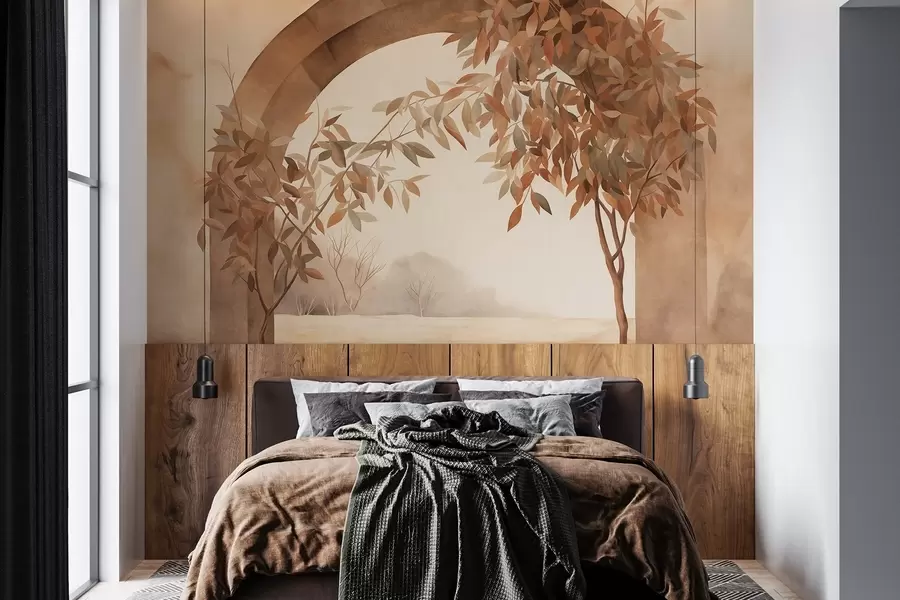 carta da parati Un arco con un paesaggio, alberi e fogliame dai tenui colori autunnali, opera d'arte con texture nr. w09907