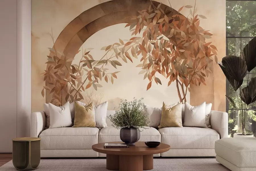 carta da parati Un arco con un paesaggio, alberi e fogliame dai tenui colori autunnali, opera d'arte con texture nr. w09907