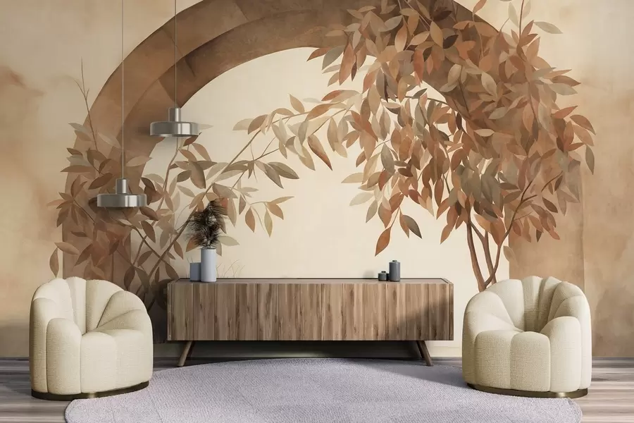 carta da parati Un arco con un paesaggio, alberi e fogliame dai tenui colori autunnali, opera d'arte con texture nr. w09907