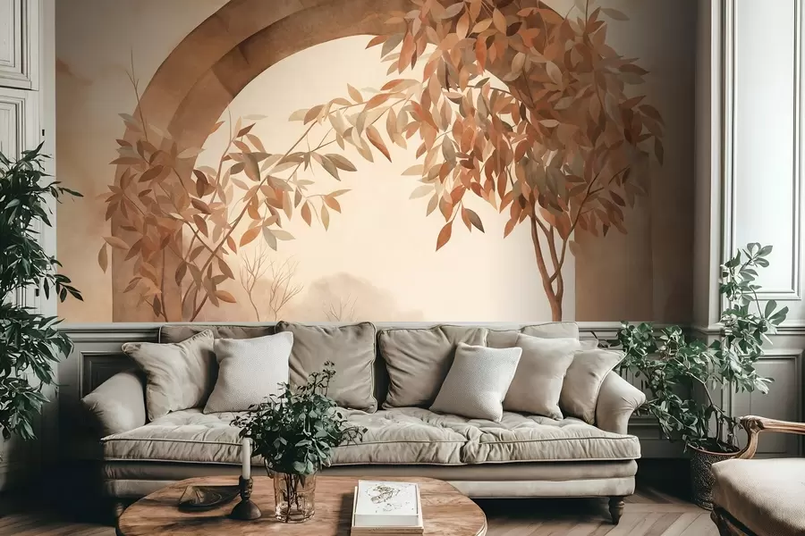 carta da parati Un arco con un paesaggio, alberi e fogliame dai tenui colori autunnali, opera d'arte con texture nr. w09907