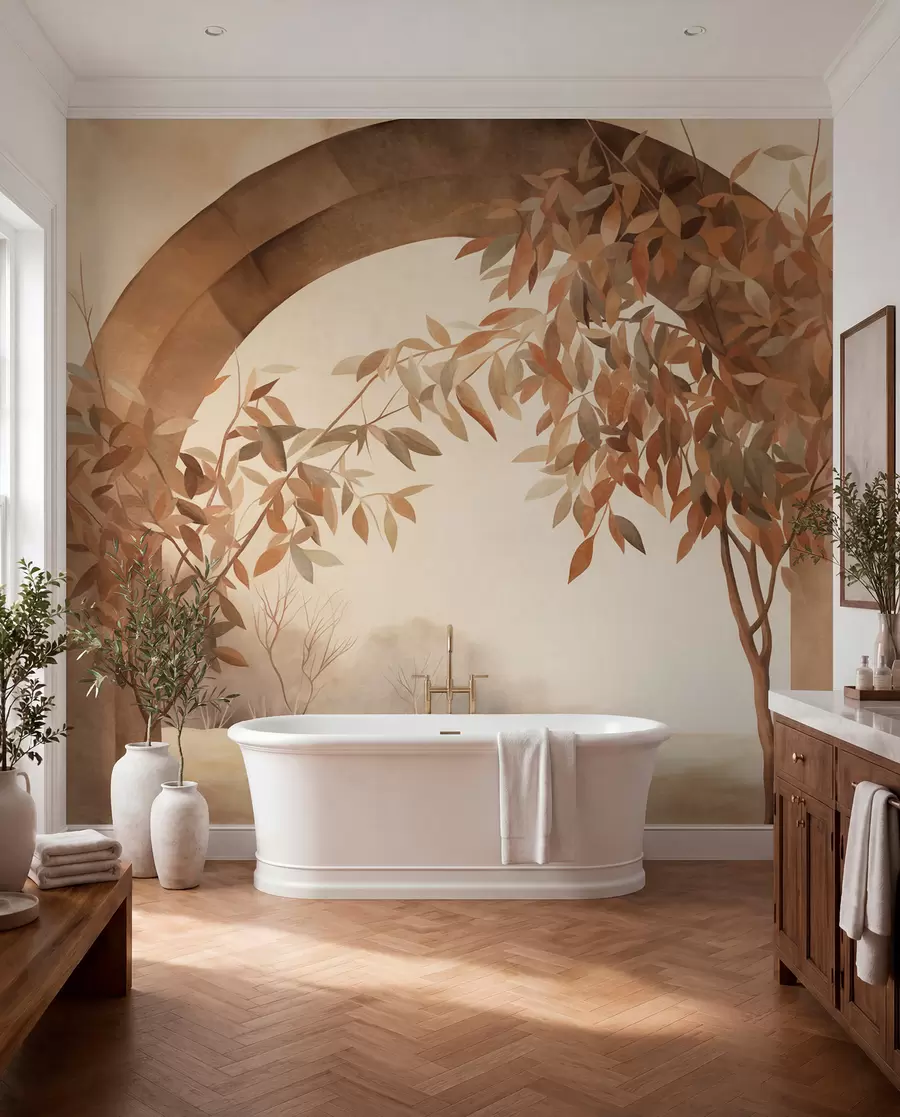carta da parati Un arco con un paesaggio, alberi e fogliame dai tenui colori autunnali, opera d'arte con texture nr. w09907