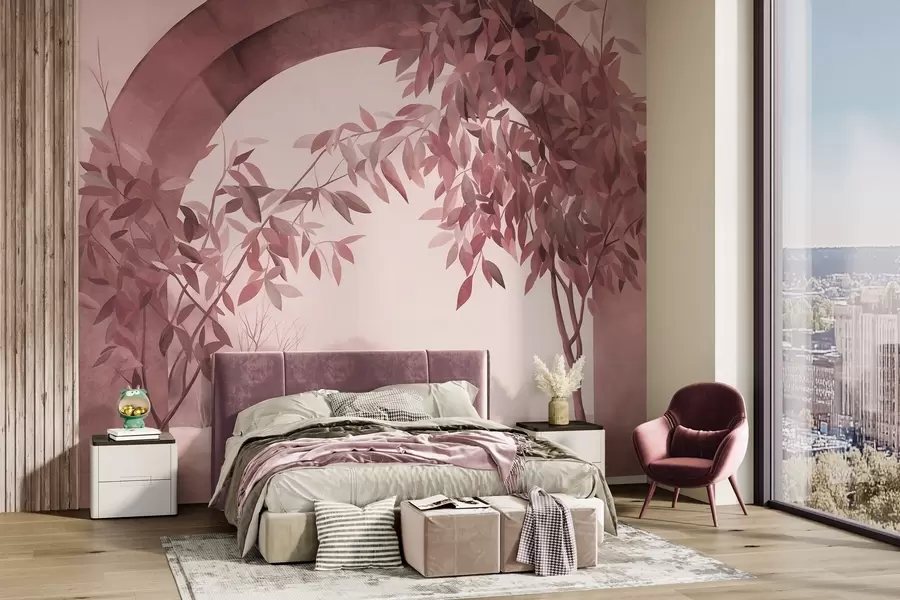 carta da parati Un arco con un paesaggio, alberi e fogliame nei toni tenui del rosa e del grigio, opera d'arte con texture nr. w09907v1