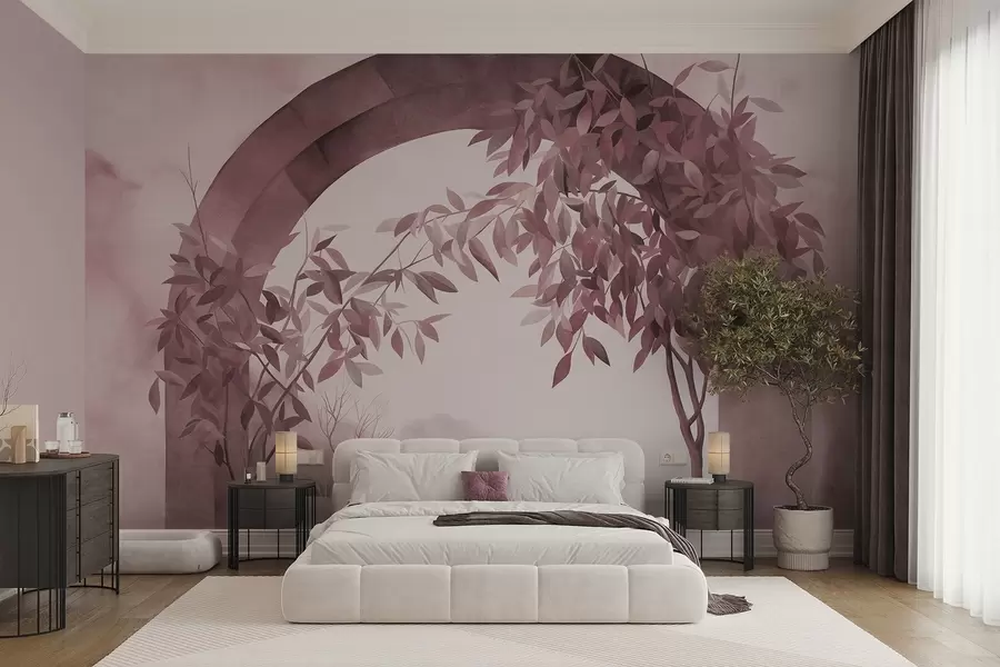 carta da parati Un arco con un paesaggio, alberi e fogliame nei toni tenui del rosa e del grigio, opera d'arte con texture nr. w09907v1