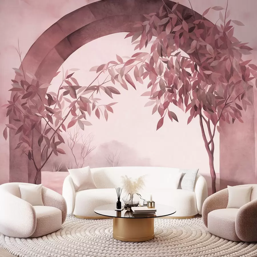 carta da parati Un arco con un paesaggio, alberi e fogliame nei toni tenui del rosa e del grigio, opera d'arte con texture nr. w09907v1