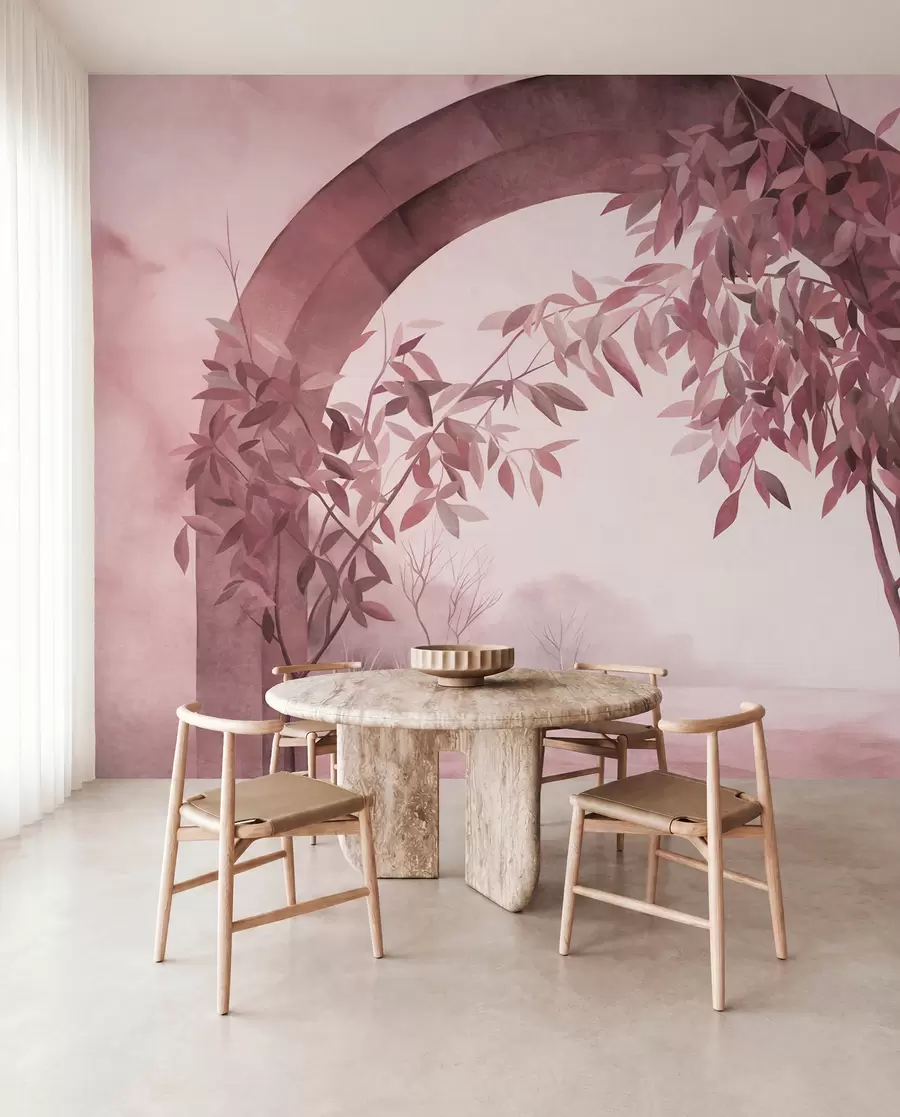 carta da parati Un arco con un paesaggio, alberi e fogliame nei toni tenui del rosa e del grigio, opera d'arte con texture nr. w09907v1