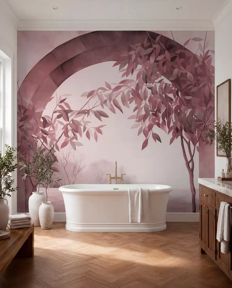 carta da parati Un arco con un paesaggio, alberi e fogliame nei toni tenui del rosa e del grigio, opera d'arte con texture nr. w09907v1