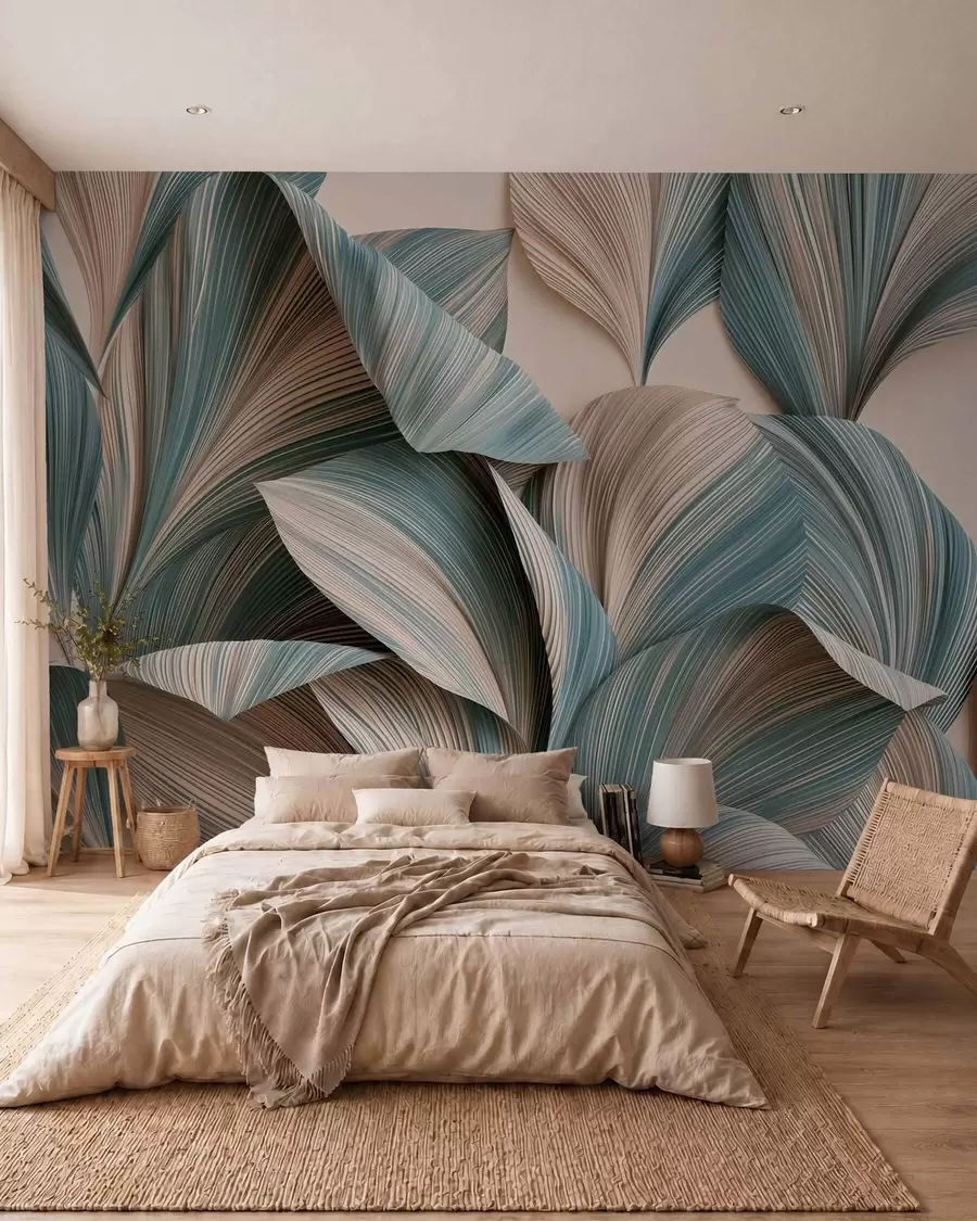 carta da parati Foglie tropicali voluminose in tenui tonalità di beige e blu nr. w09914