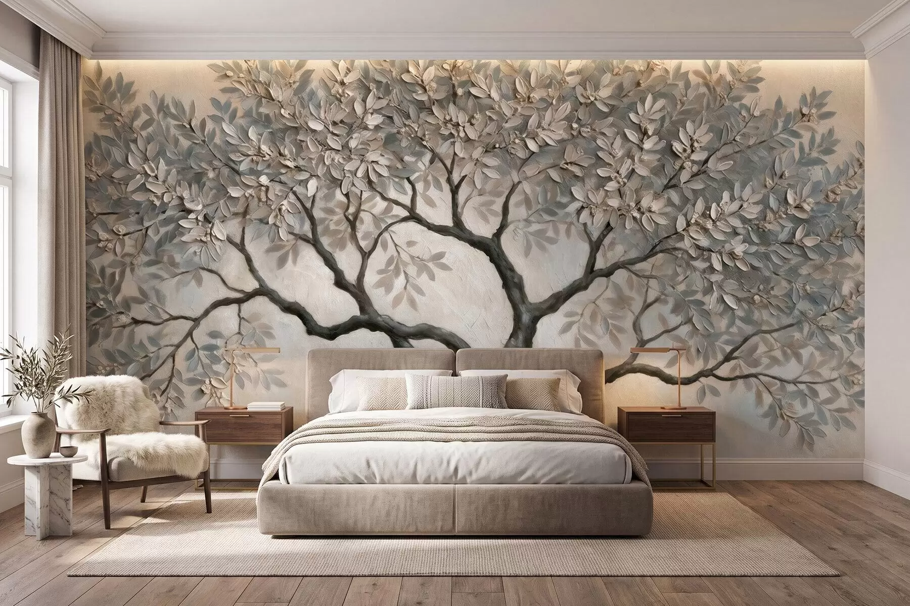 Carta da parati nature Albero in stile pittura a olio, dai tranquilli toni naturali del grigio-beige 
