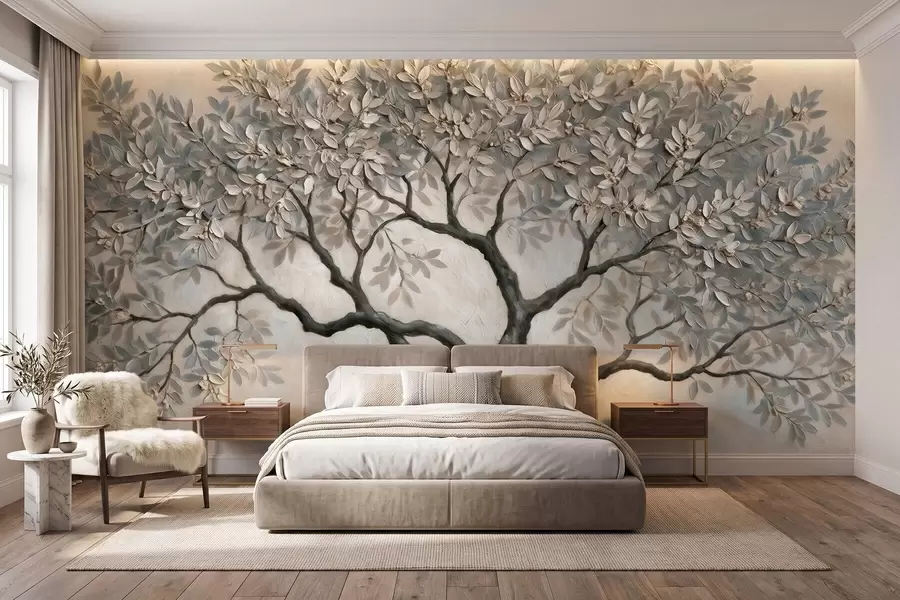 carta da parati Albero in stile pittura a olio, dai tranquilli toni naturali del grigio-beige nr. w09919
