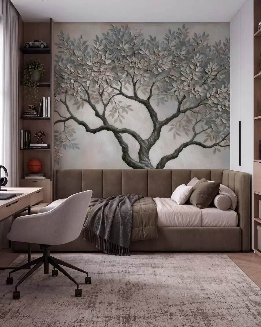 Carta da parati nature Albero in stile pittura a olio, dai tranquilli toni naturali del grigio-beige 