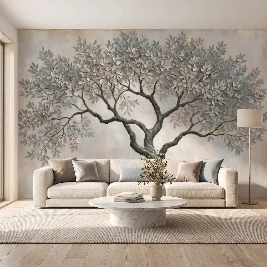 Carta da parati nature Albero in stile pittura a olio, dai tranquilli toni naturali del grigio-beige 