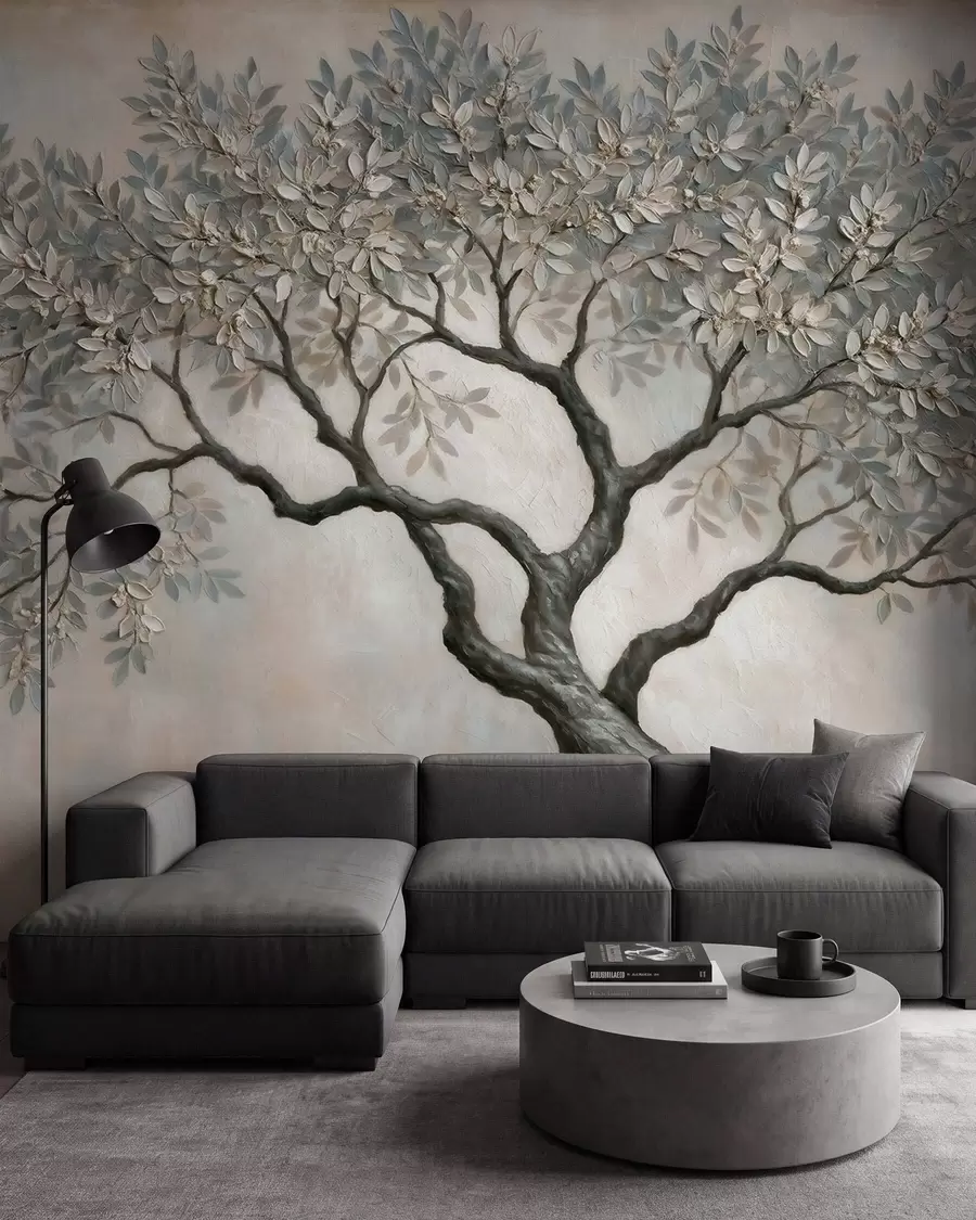 Carta da parati nature Vecchio albero nei toni pietra 