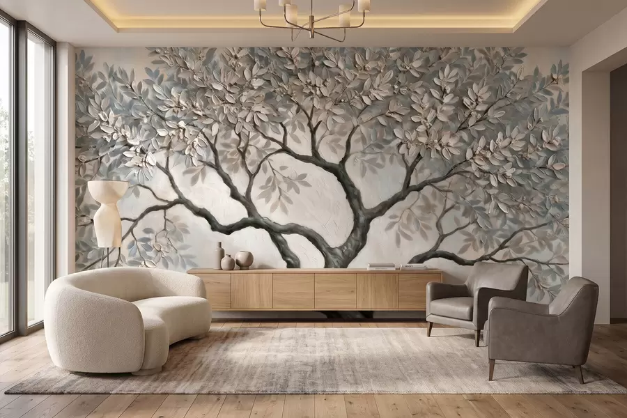 Carta da parati nature Albero in stile pittura a olio, dai tranquilli toni naturali del grigio-beige 