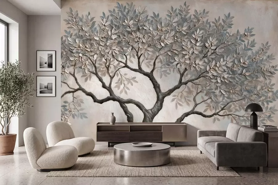 Carta da parati nature Albero in stile pittura a olio, dai tranquilli toni naturali del grigio-beige 