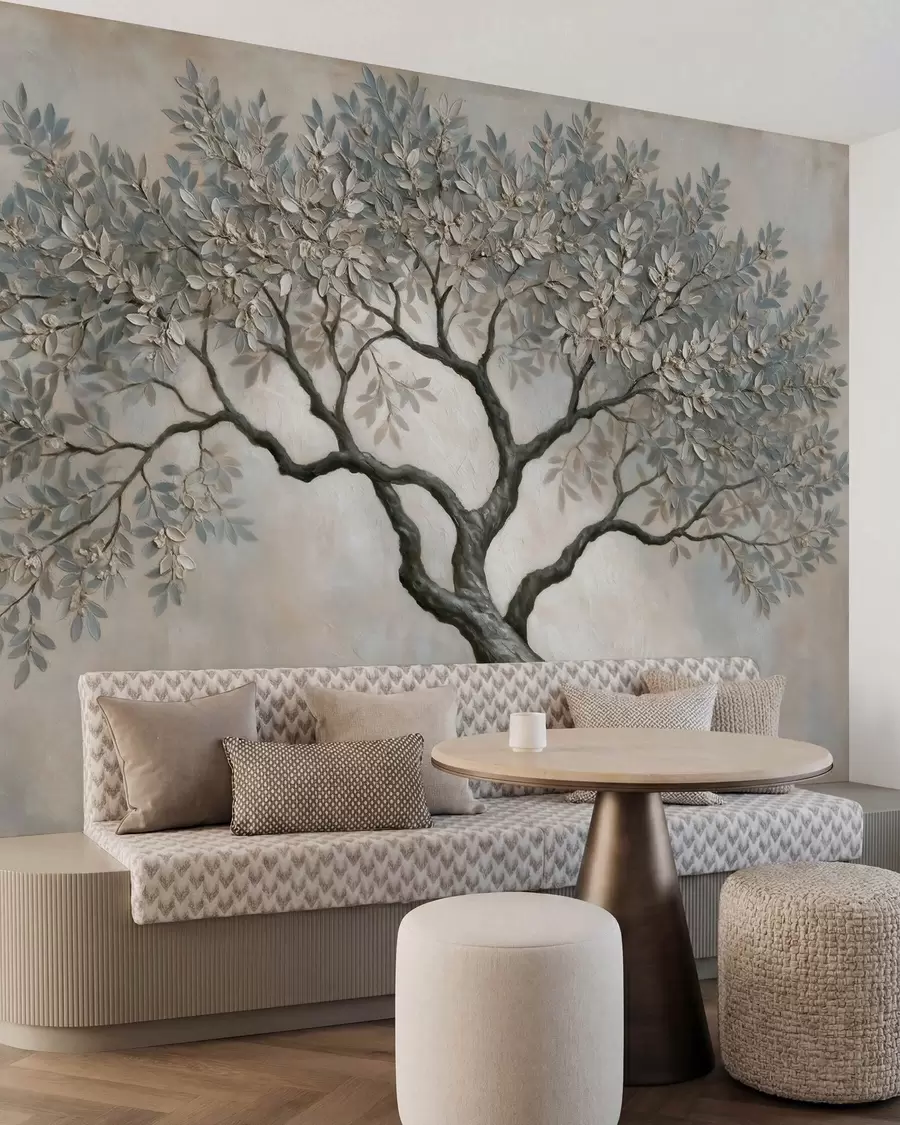 Carta da parati nature Albero in stile pittura a olio, dai tranquilli toni naturali del grigio-beige 