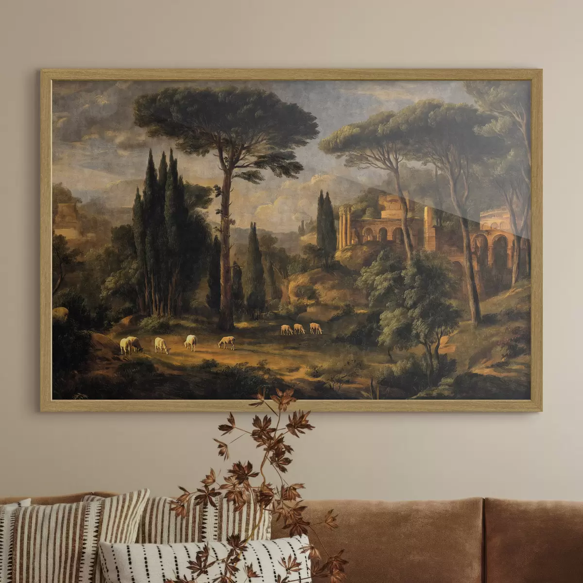 Poster Paesaggio classico con alberi, rovine e pecore f49674