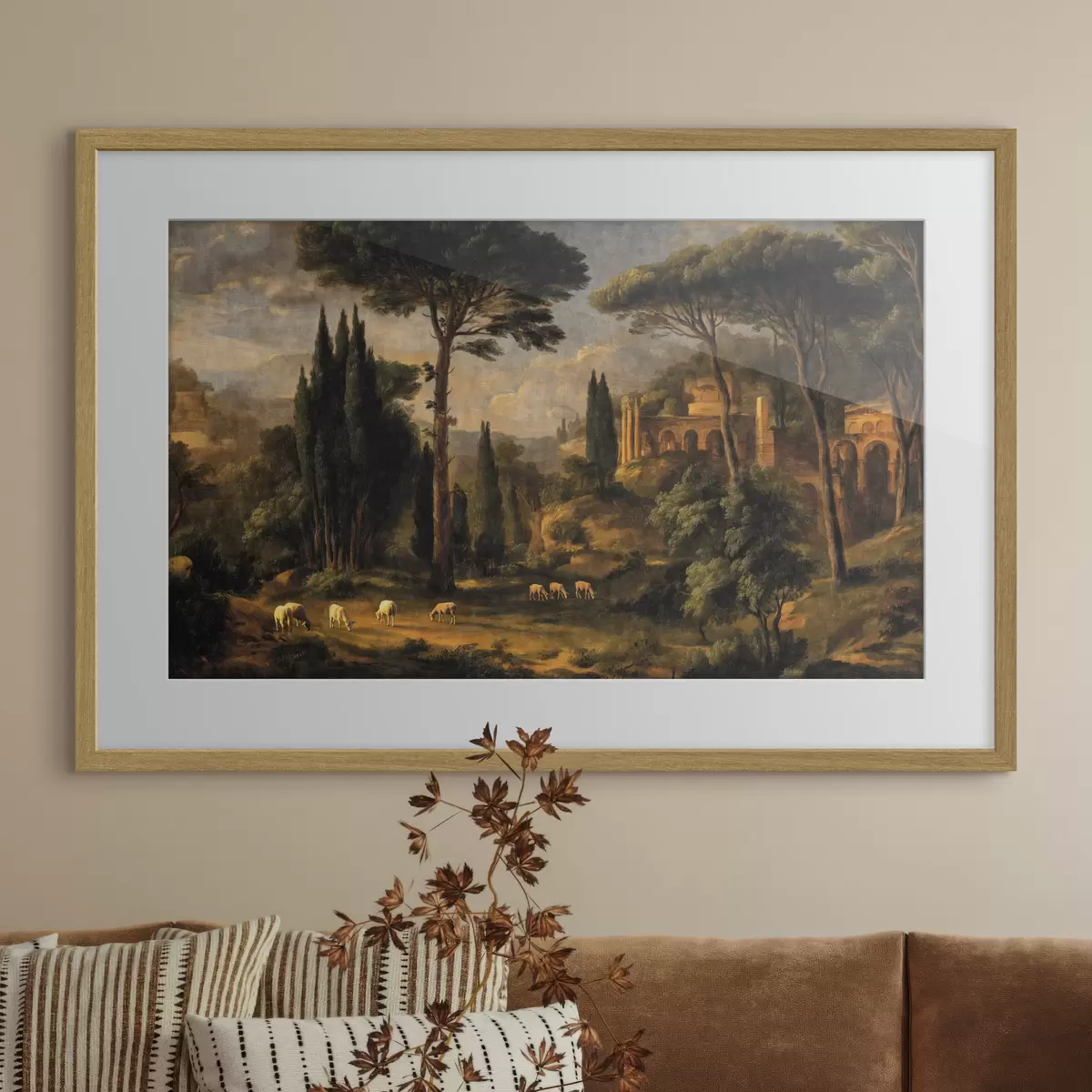 Poster Paesaggio classico con alberi, rovine e pecore f49674