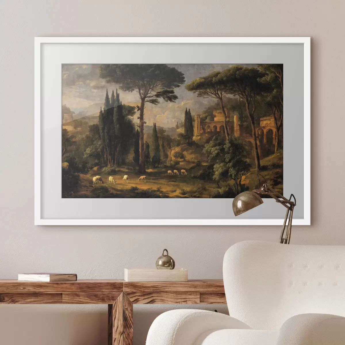 Poster Paesaggio classico con alberi, rovine e pecore f49674