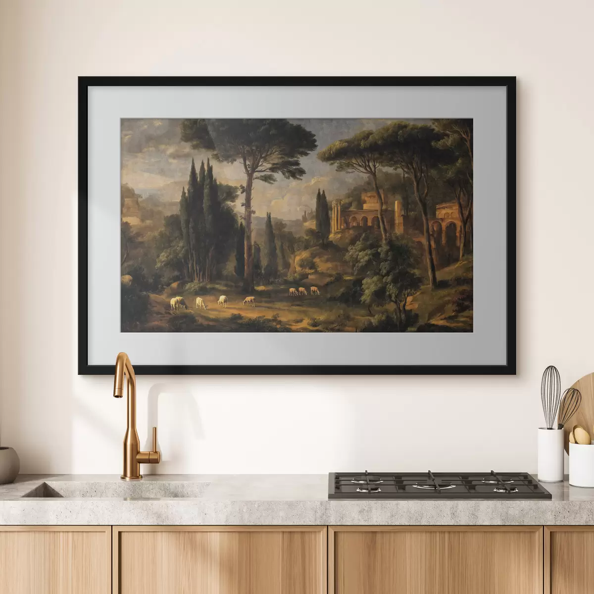 Poster Paesaggio classico con alberi, rovine e pecore f49674