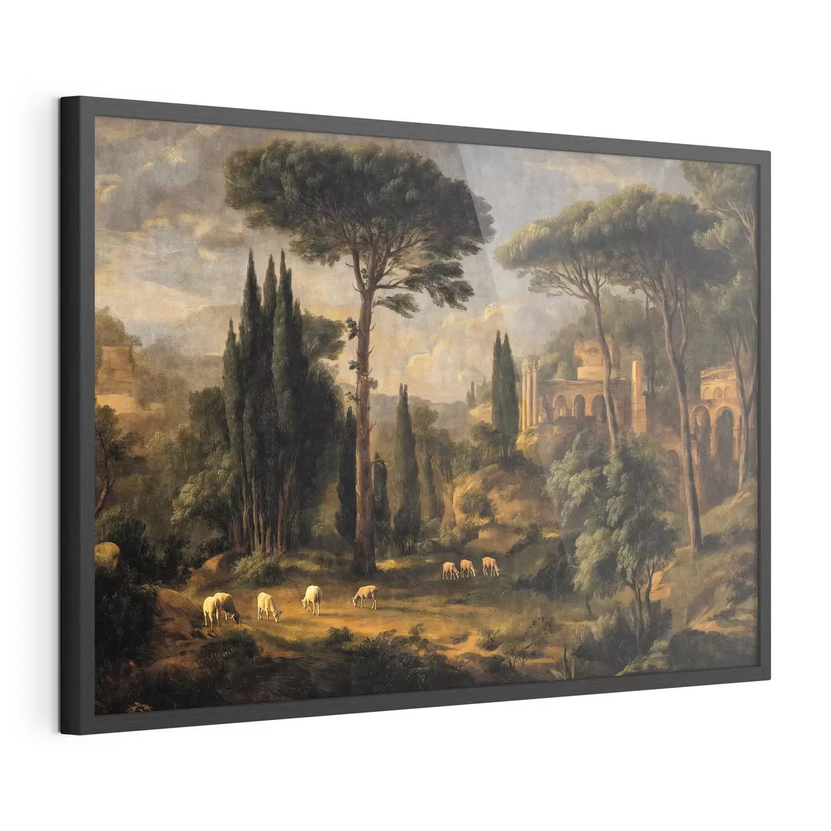 Poster Paesaggio classico con alberi, rovine e pecore f49674
