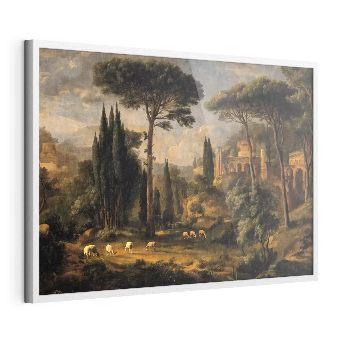 Poster Paesaggio classico con alberi, rovine e pecore f49674