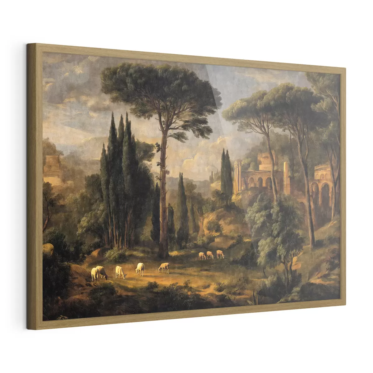 Poster Paesaggio classico con alberi, rovine e pecore f49674