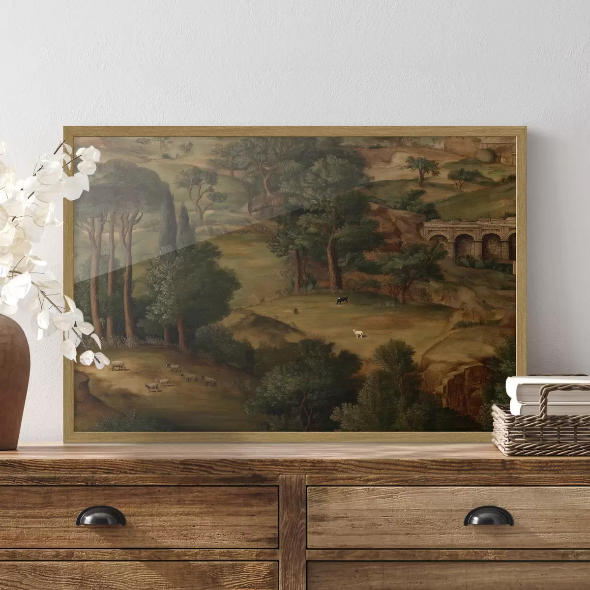 Poster Paesaggio rurale con alberi e rovine antiche f49675
