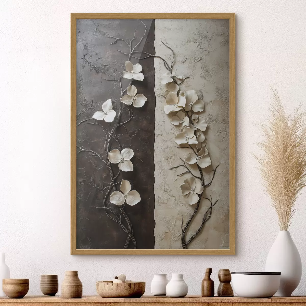 Poster Fiori in rilievo su uno sfondo con texture a contrasto f49688