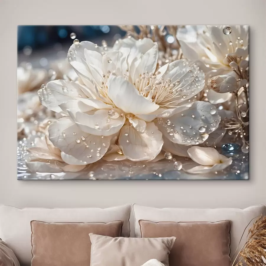 carta da parati Primo piano di un fiore bianco con goccioline d'acqua nr. s49355