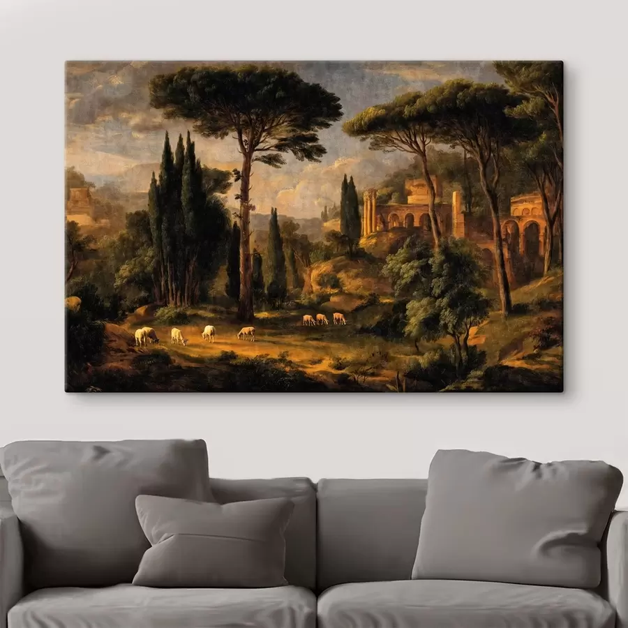 carta da parati Paesaggio classico con alberi, rovine e pecore nr. s49674