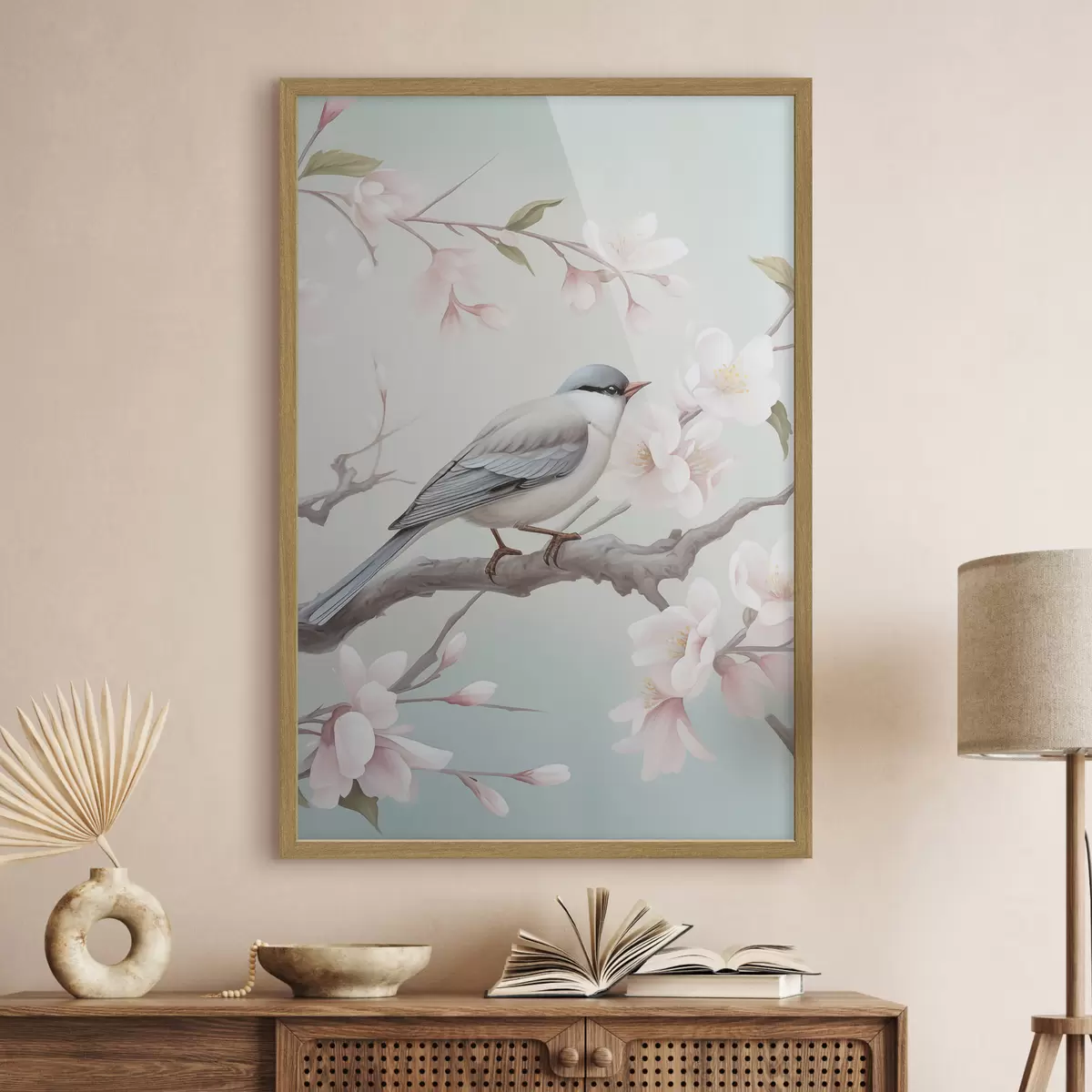 Poster Un uccello su un ramo in fiore f49550