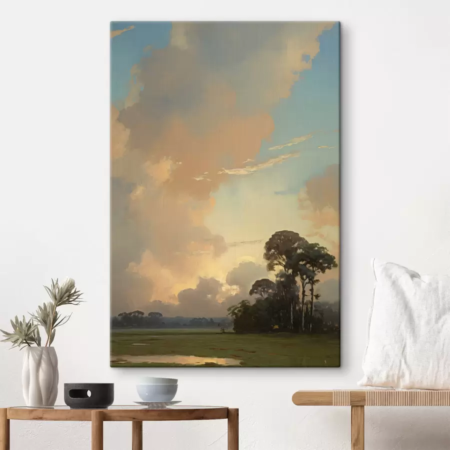 carta da parati Un paesaggio con un prato erboso e alberi in lontananza, cielo nuvoloso nr. s49774