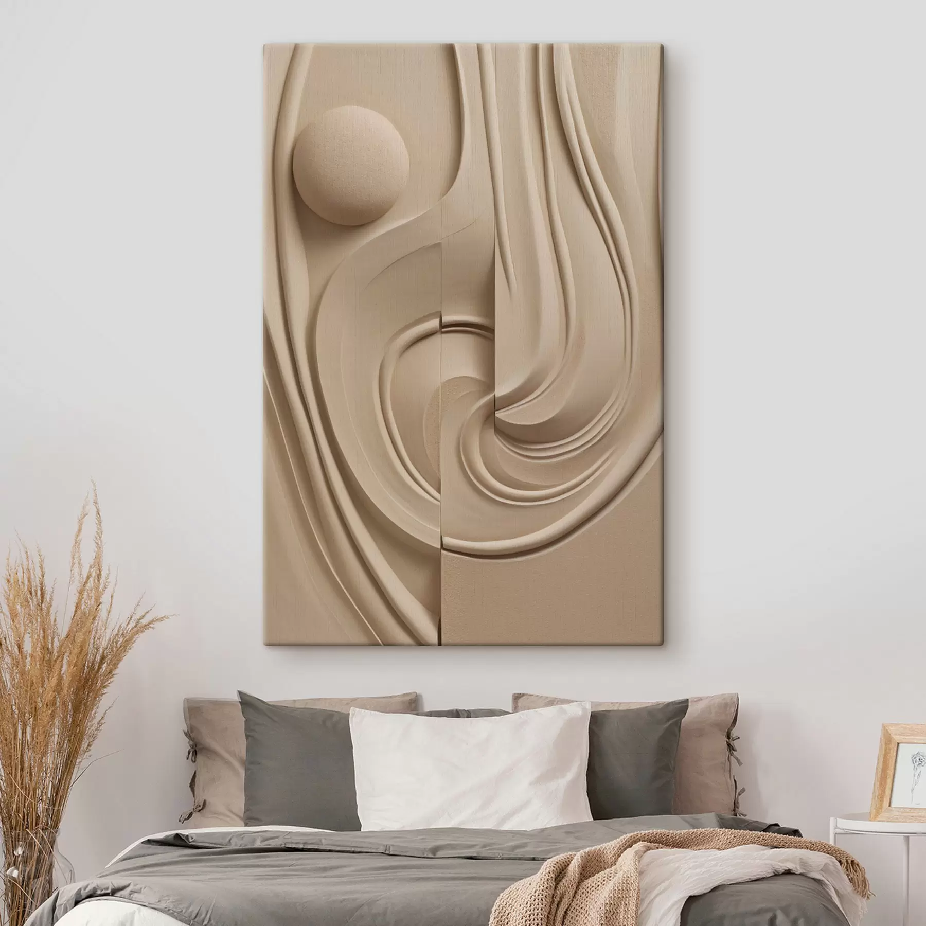 carta da parati Un'opera d'arte astratta color beige, dalla trama ricca, con linee fluide e una sfera nr. s49775