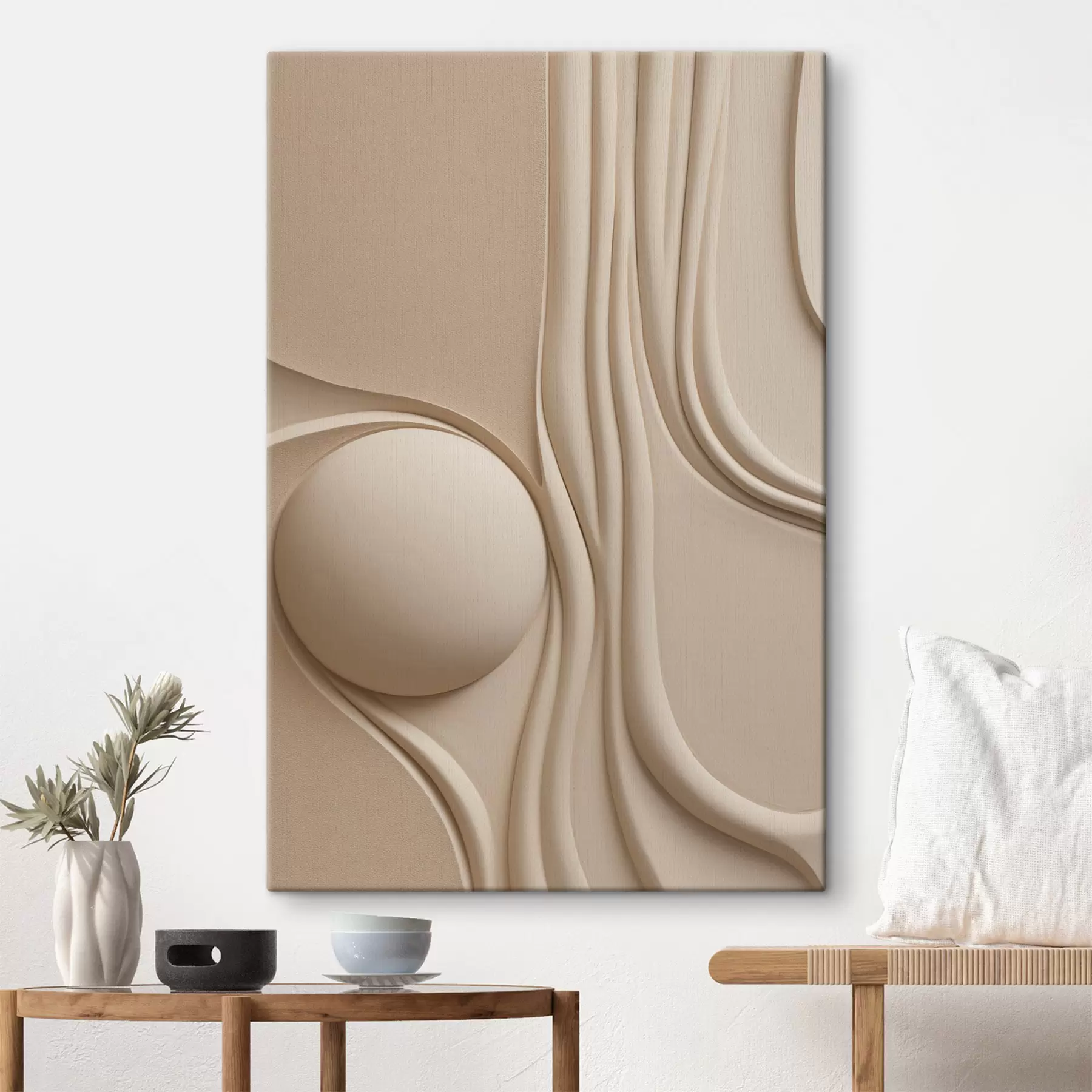 carta da parati Un'opera d'arte astratta color beige, dalla trama ricca, con linee fluide e una sfera nr. s49776