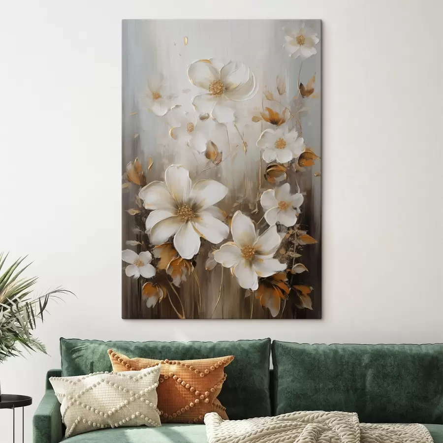 carta da parati Fiori bianchi con petali ruvidi e tocchi di giallo, sfondo astratto nr. s49781
