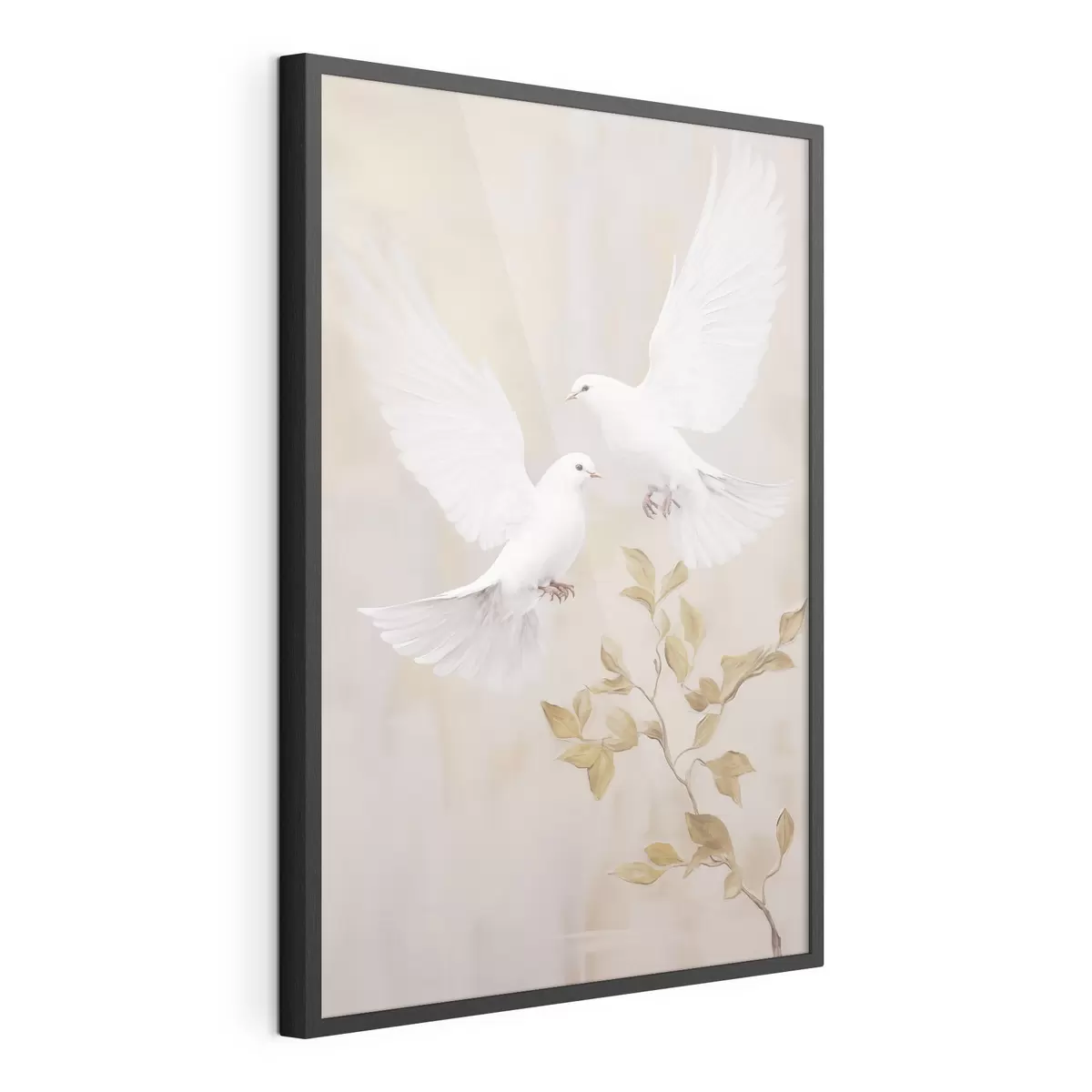 Poster Un uccello bianco vicino a un ramo con foglie marrone chiaro, su uno sfondo dai toni tenui f49764