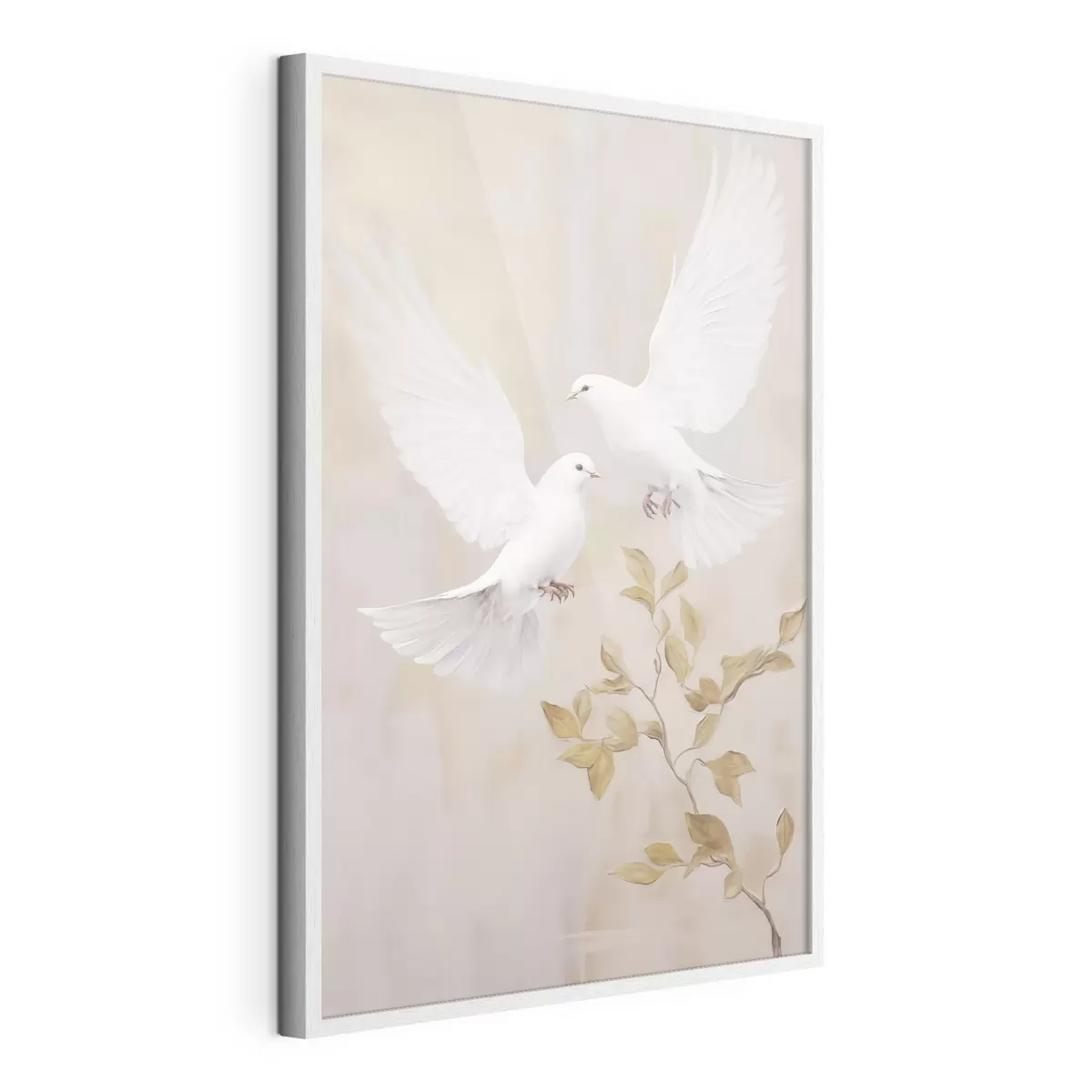 Poster Un uccello bianco vicino a un ramo con foglie marrone chiaro, su uno sfondo dai toni tenui f49764