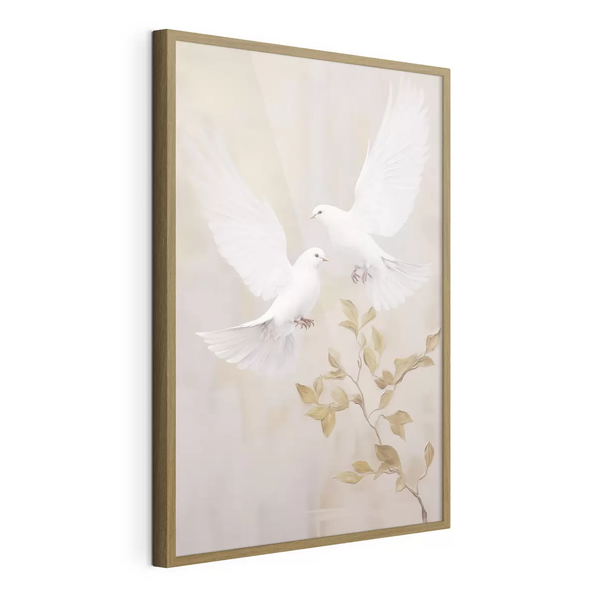Poster Un uccello bianco vicino a un ramo con foglie marrone chiaro, su uno sfondo dai toni tenui f49764