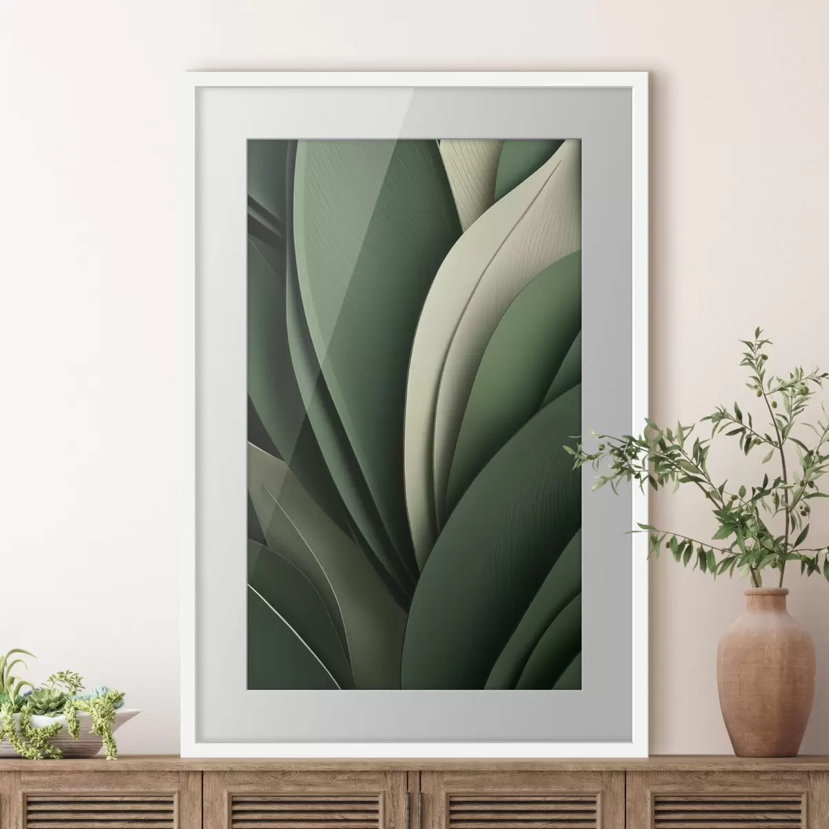 Poster Foglie verdi astratte disposte a strati con delicati accenti color crema f49765