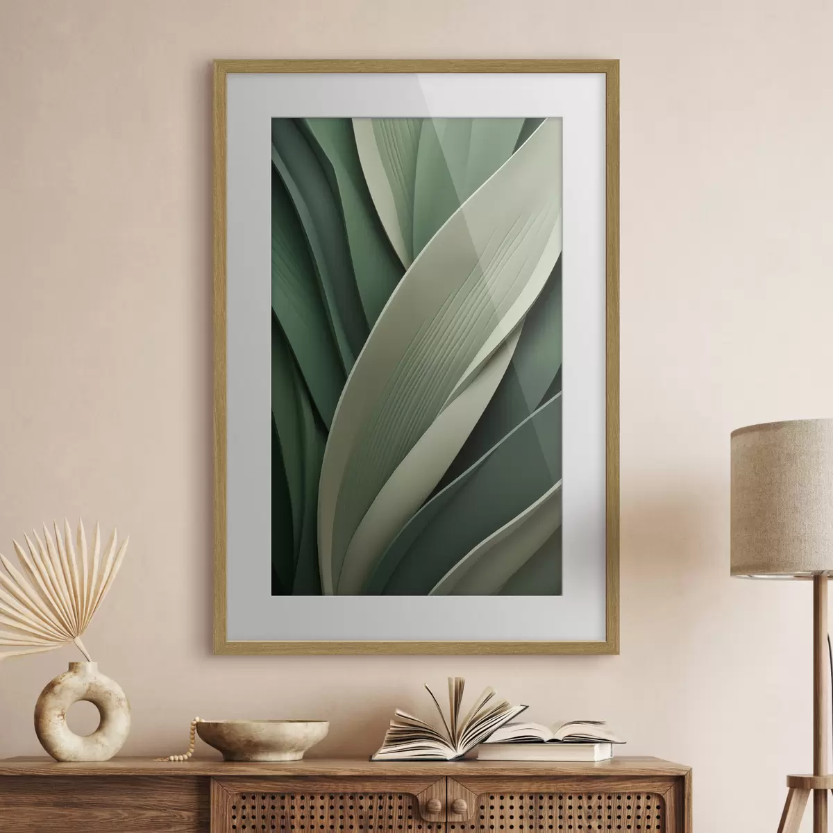 Poster Foglie verdi astratte disposte a strati con delicati accenti color crema f49766