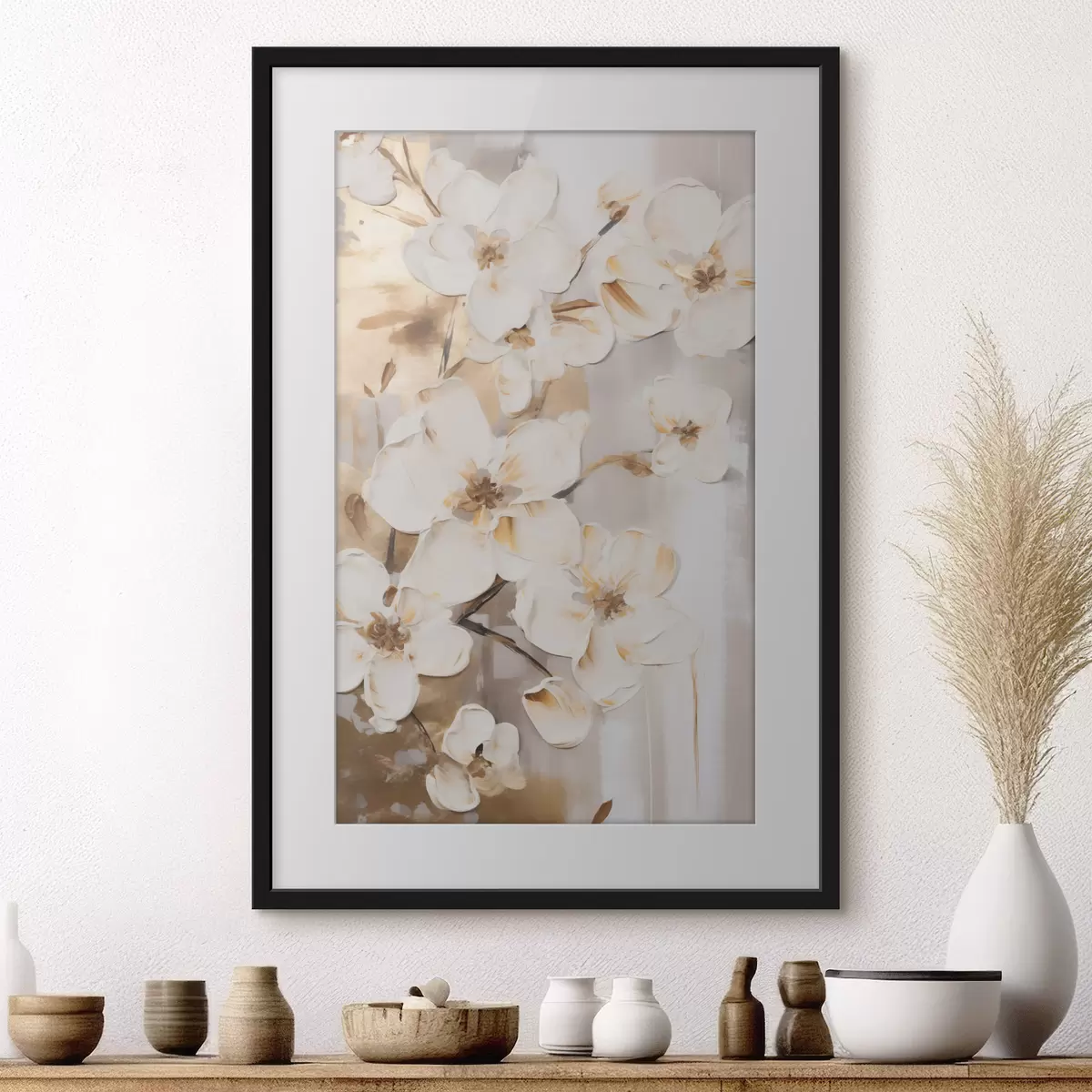 Poster Fiori bianchi su uno sfondo materico, in stile pittorico f49768
